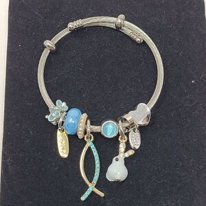 Handmade Silver Tone Steel Charm Bracelet Turquoise Blue Jesus Fish Love Gift